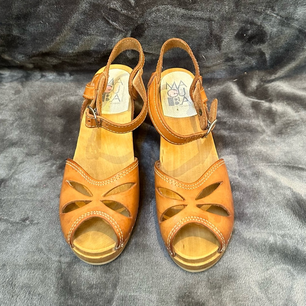 Maguba Tan Leather & Wood Clog Sandals